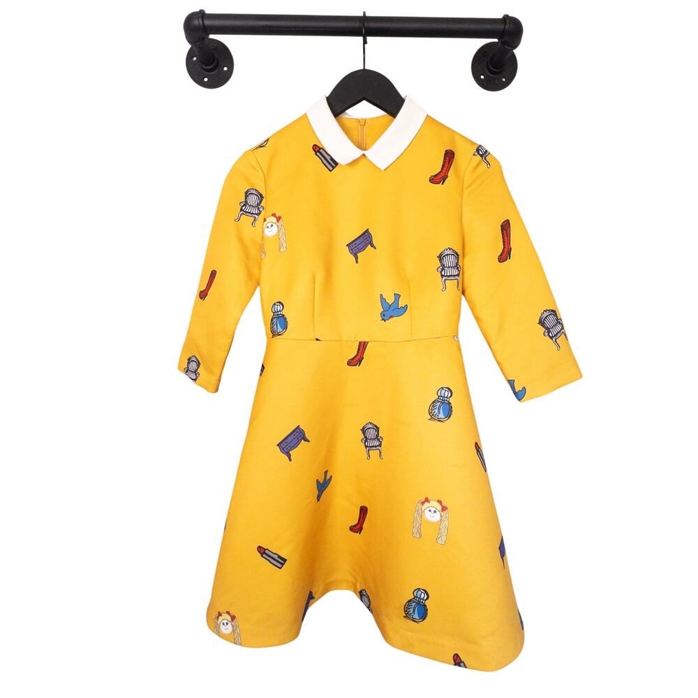 Rokit London Vintage Mustard Yellow Novelty Print Retro Mod Dress Flaws